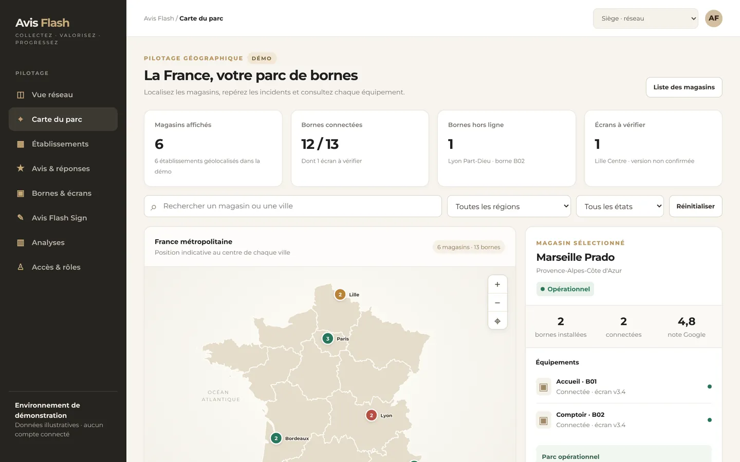 Administration Avis Flash, vue du siège : Carte du parc