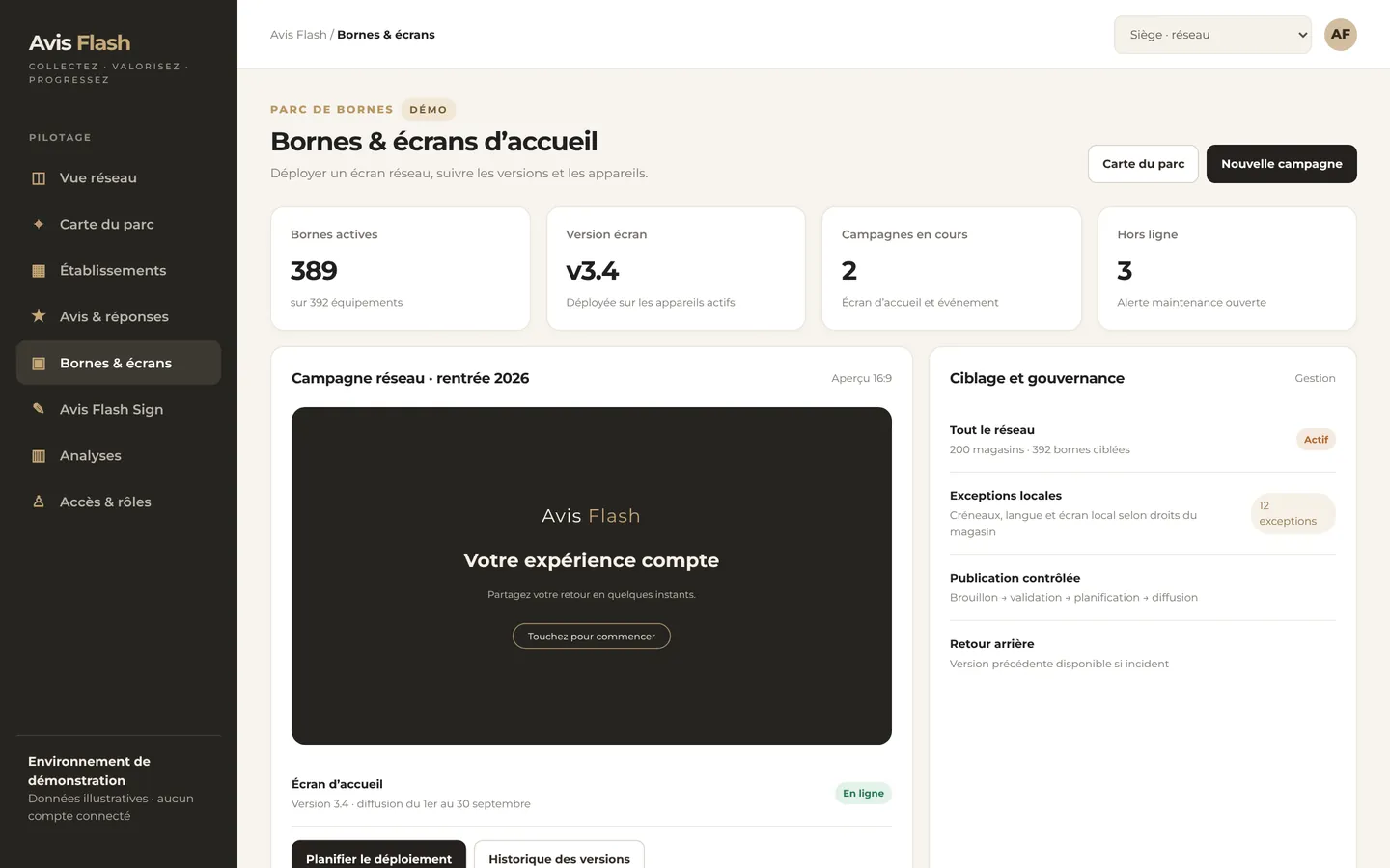Administration Avis Flash, vue du siège : Bornes et écrans