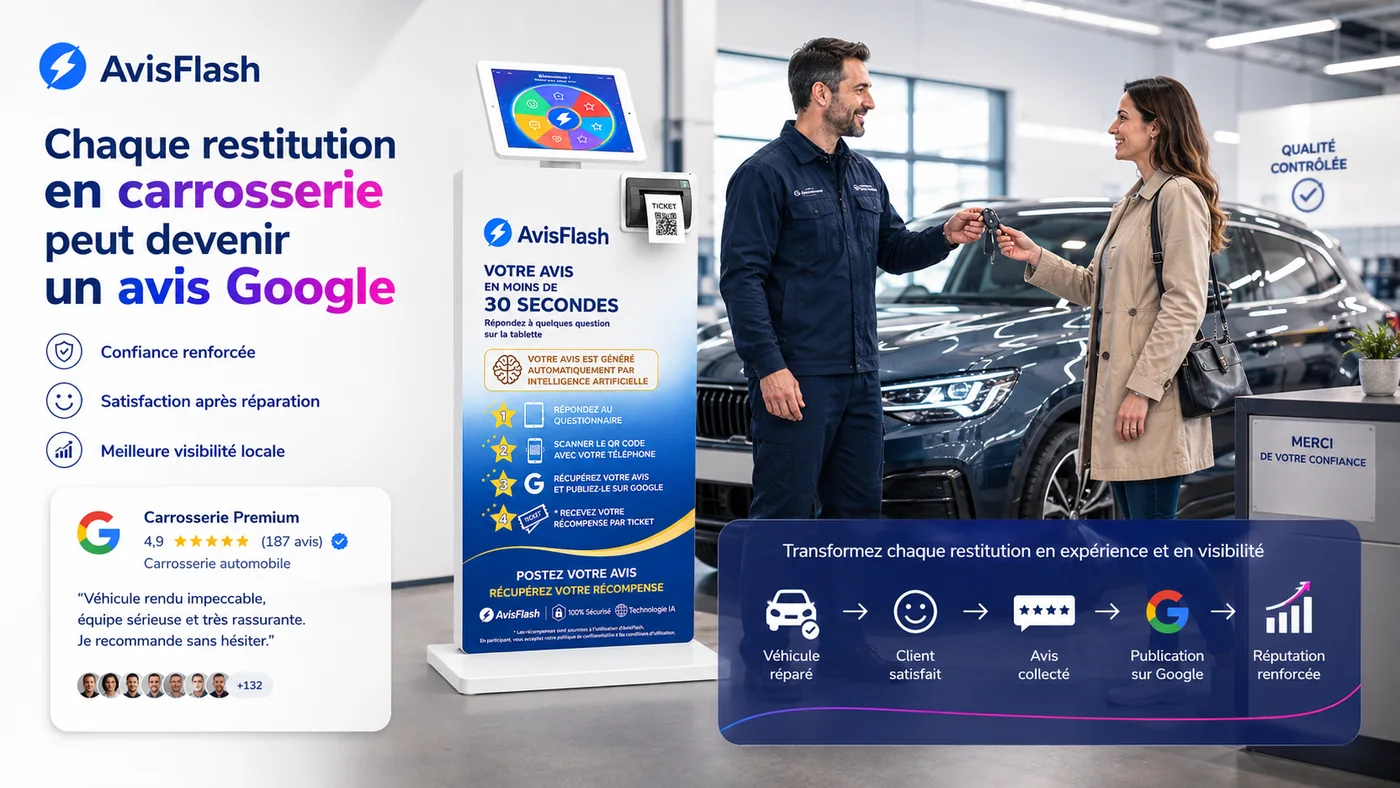 Borne Avis Flash dans une carrosserie après réparation véhicule pour avis Google