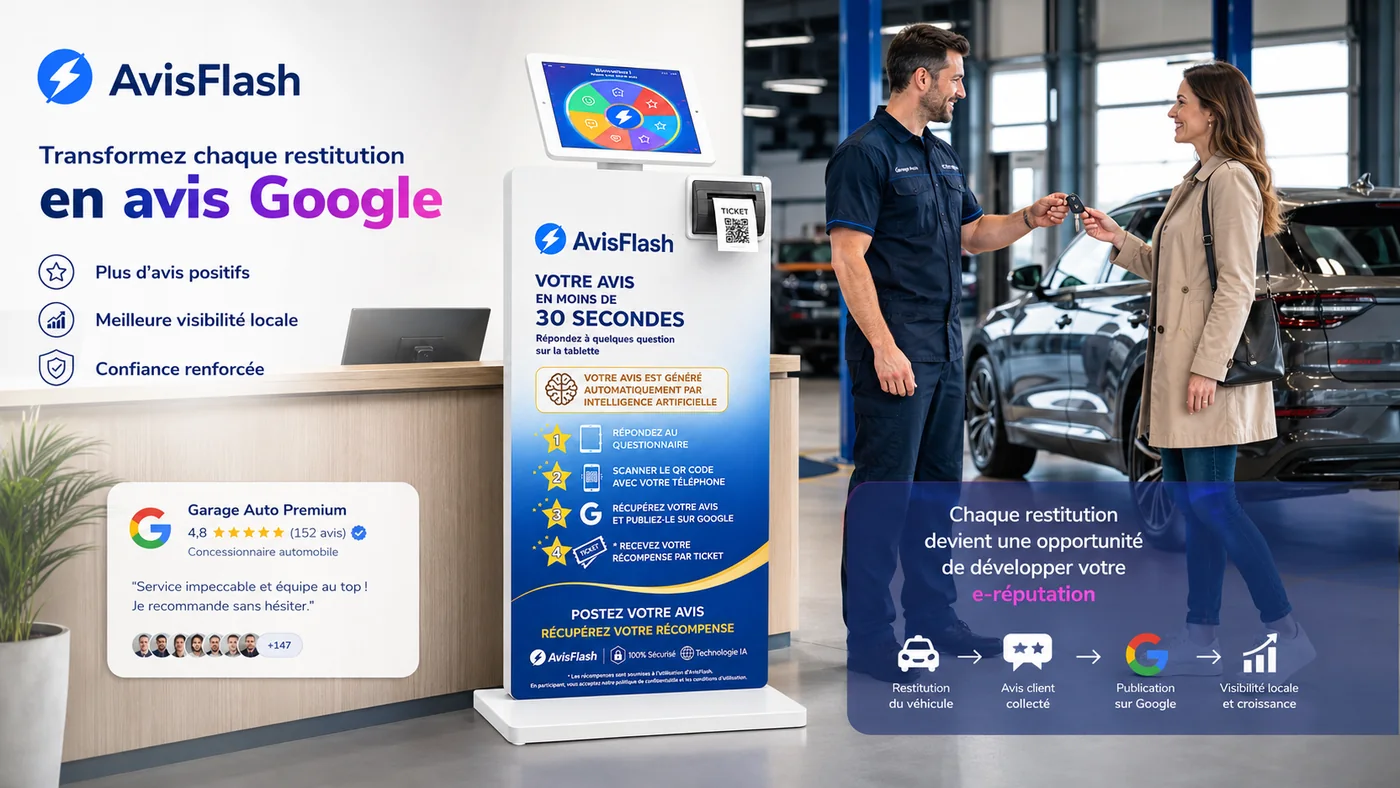 Borne Avis Flash dans un garage automobile pour collecter des avis Google après restitution véhicule