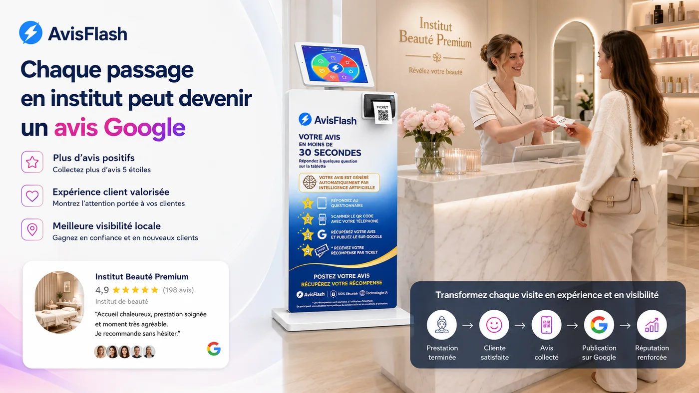 Borne Avis Flash dans un institut de beauté pour avis Google après prestation