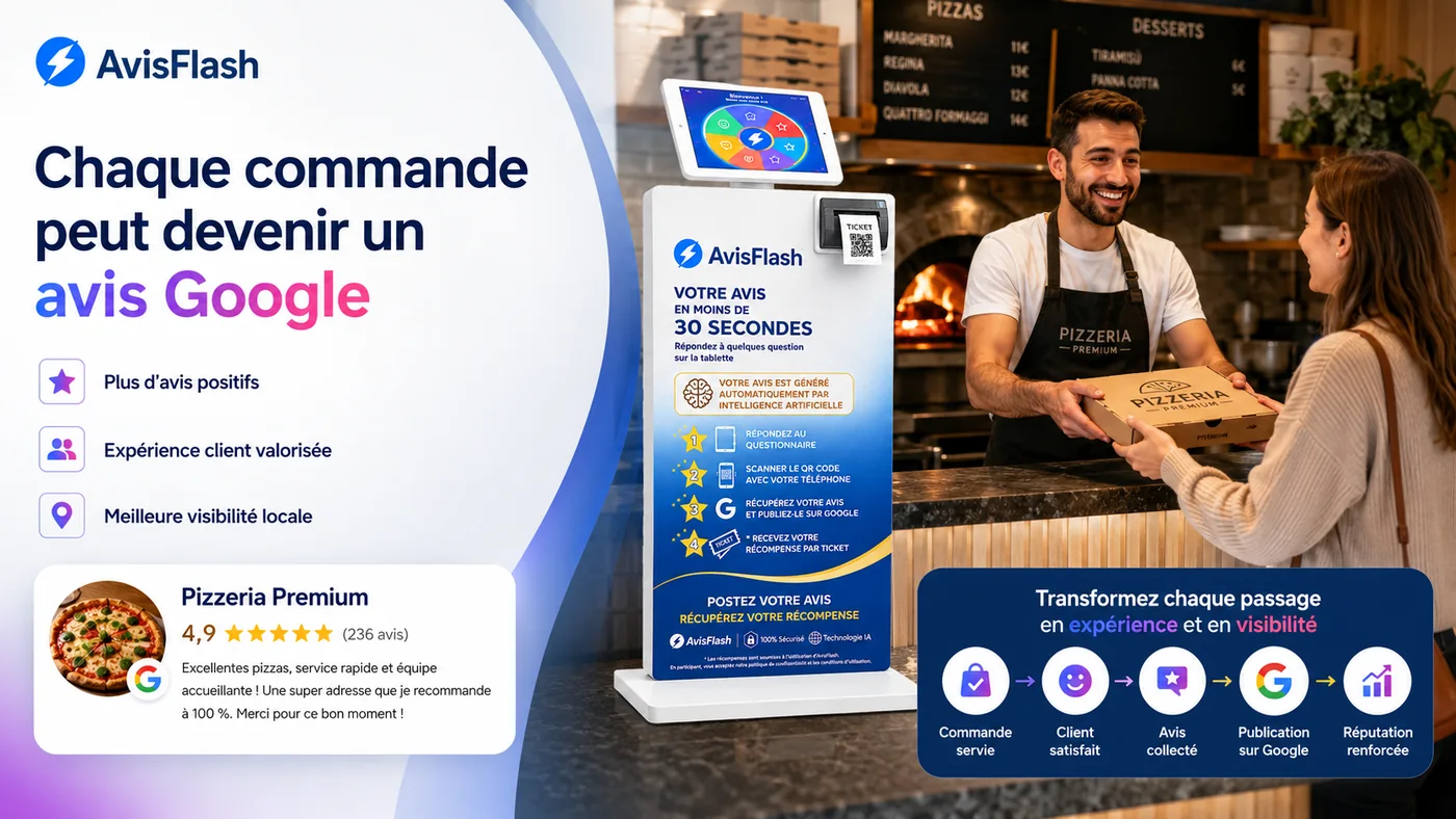 Borne Avis Flash dans une pizzeria pour avis Google après commande à emporter