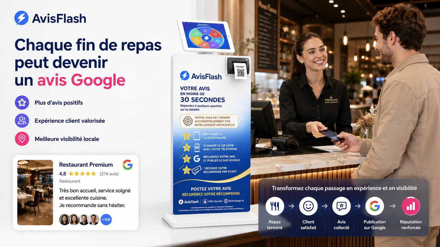 Borne Avis Flash dans un restaurant pour collecter des avis Google après repas